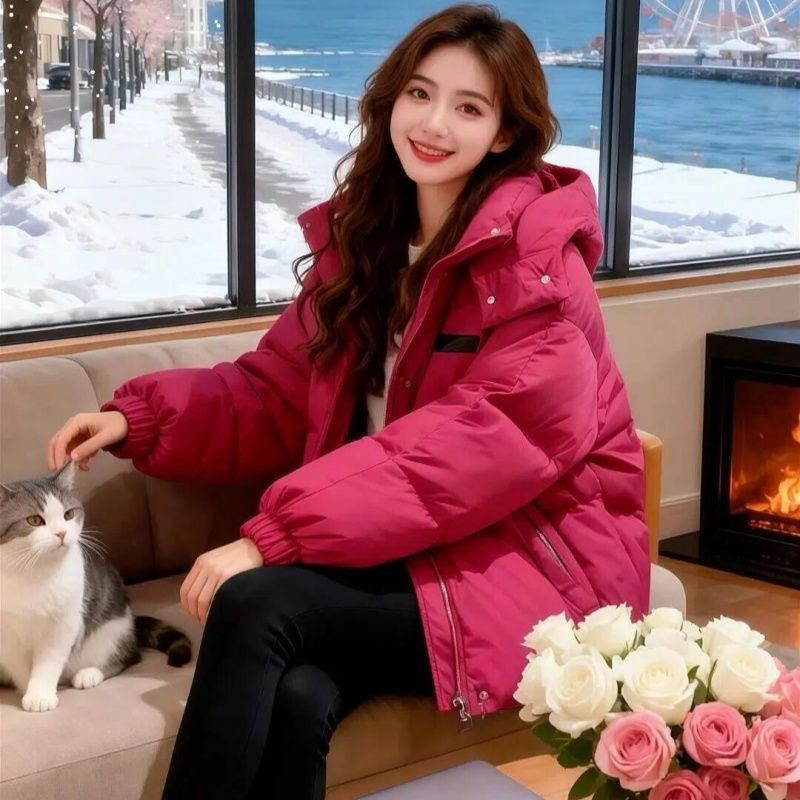火龙果色冬季连帽加厚保暖防寒宽松大码小个子棉服外套女面包服潮