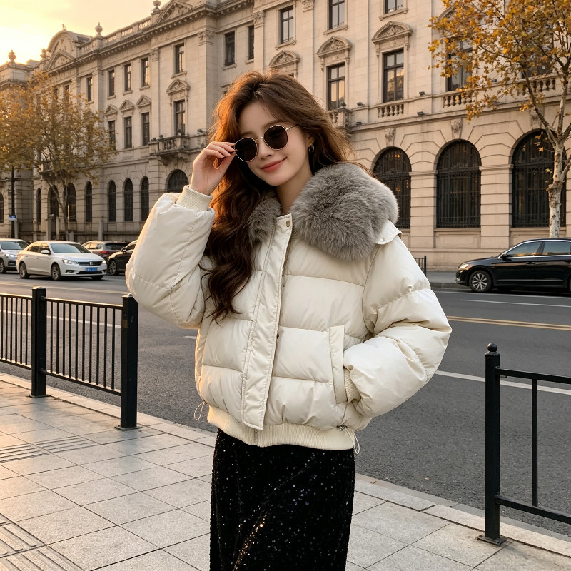 大翻领毛领冬季轻奢气质老钱风短款休闲保暖棉服外套女面包服棉袄
