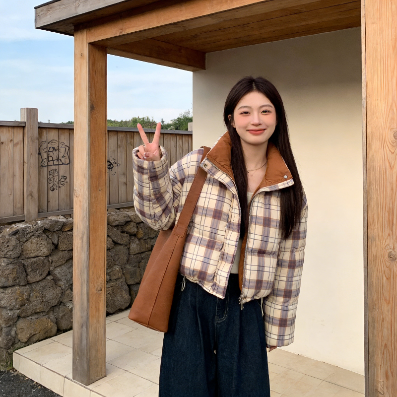 拼接撞色格纹加厚保暖宽松大码小个子防寒短款棉服外套女面包服潮