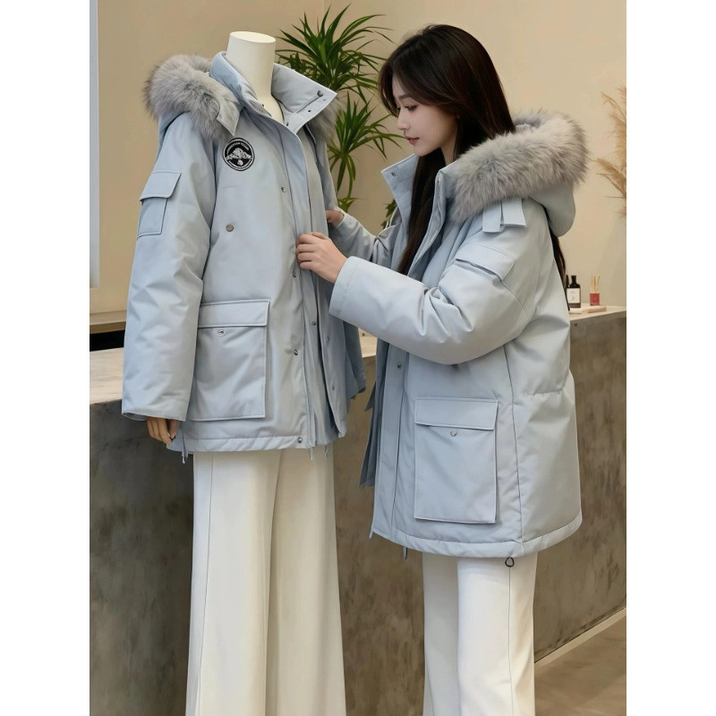 工装加绒加厚保暖防寒连帽毛领慵懒风宽松大码小个子棉服外套女潮