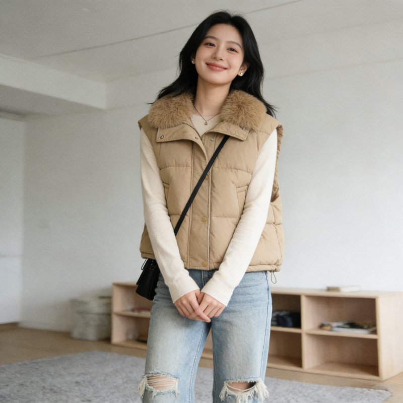 大毛领设计感短款小个子洋气宽松休闲百搭无袖棉服马夹外套女坎肩