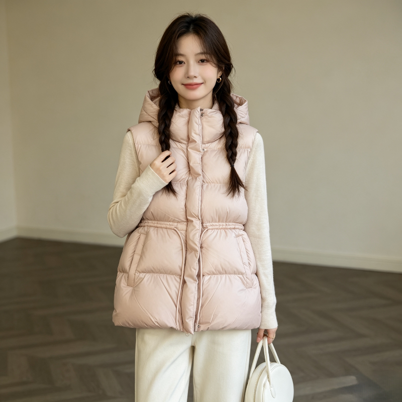 粉色减龄连帽设计感宽松大码小个子无袖坎肩棉服马夹外套女连帽潮
