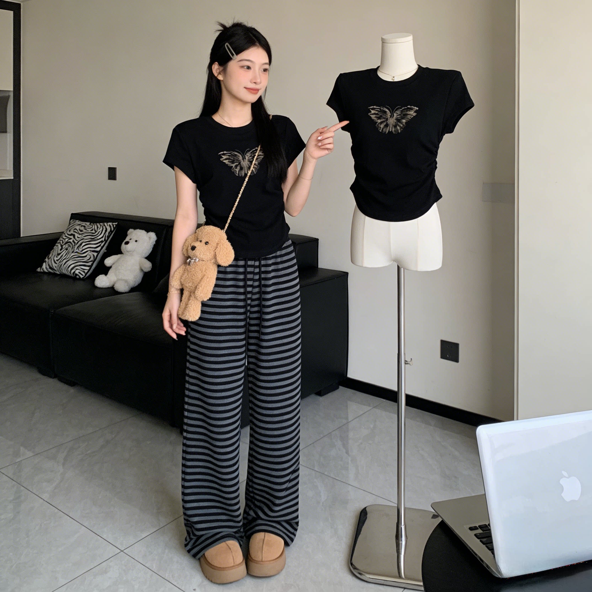 黑色正肩修身蝴蝶短袖T恤女夏季百搭新款甜辣妹小个子短款上衣女