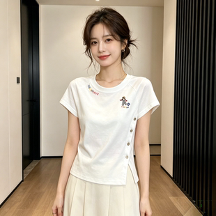 夏季正肩圆领减龄单排扣设计感修身显瘦小个子短袖T恤上衣女洋气