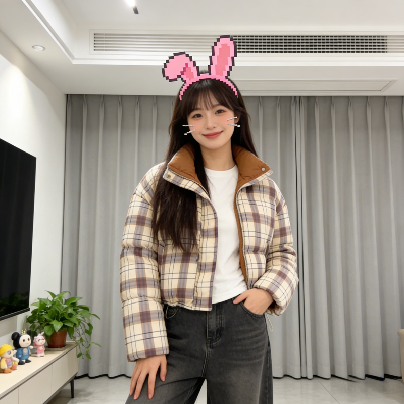 拼接撞色格纹加厚保暖立领短款小个子棉服外套女慵懒风面包服洋气