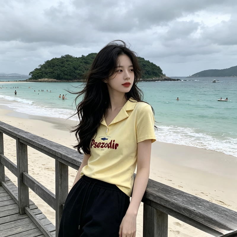 夏季减龄翻领小个子修身显瘦设计感褶皱洋气polo衫短袖T恤上衣女