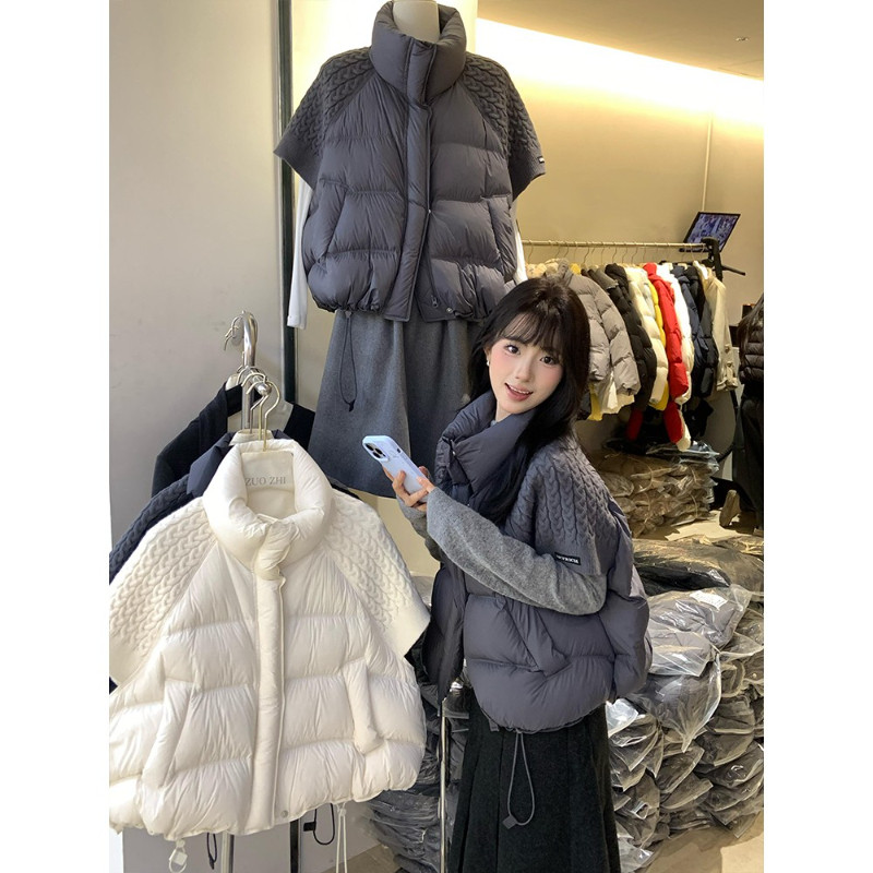 欧货秋冬设计感针织袖子拼接洋气休闲宽松小个子短袖棉服马夹女潮