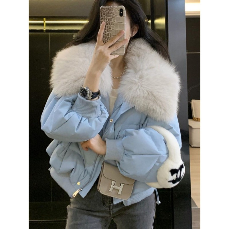 水蓝色减龄轻奢气质大翻领毛领短款加厚保暖防寒棉服外套女面包服