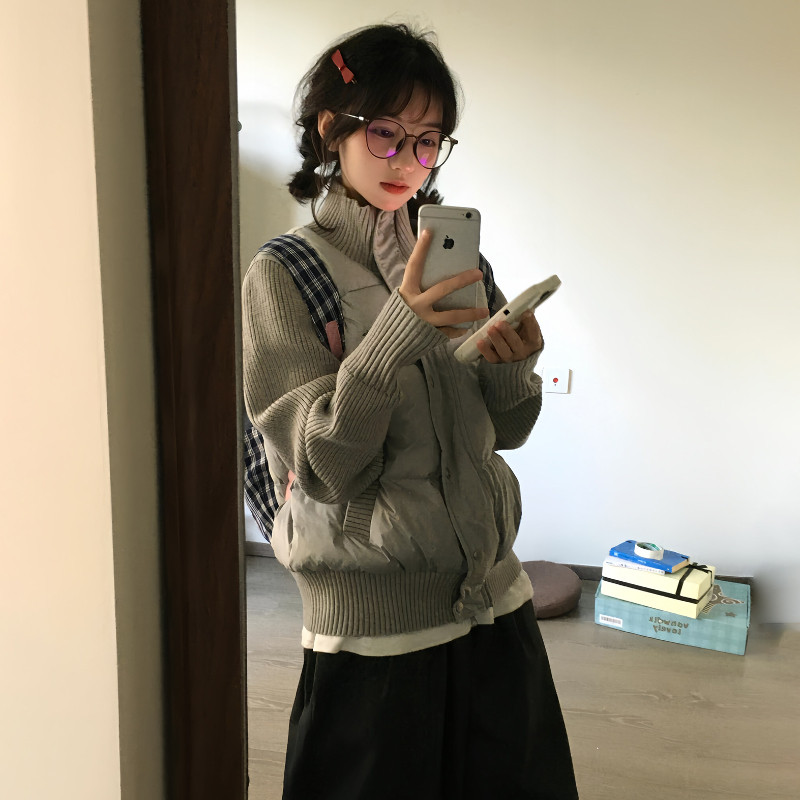 针织袖子拼接设计感欧货休闲宽松小个子加厚保暖棉服外套女面包服