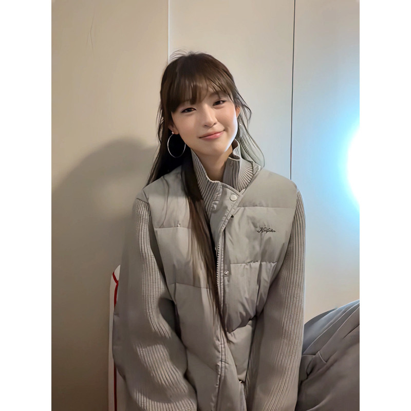 针织袖子拼接休闲宽松小个子设计感秋冬加厚保暖棉服外套女面包服