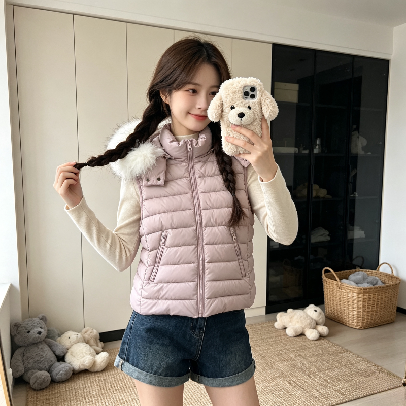 温柔风减龄秋冬轻薄款排骨服无袖棉衣马夹外套女修身小个子大毛领