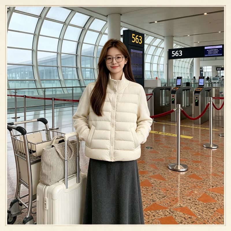 白色温柔风立领设计感排骨服外套女设计感针织拼接休闲百搭棉服潮
