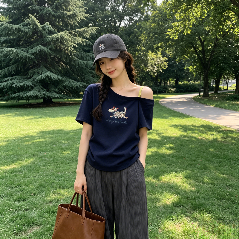 夏季纯欲风正肩小飞袖吊带露肩短袖T恤上衣女洋气百搭小个子气质
