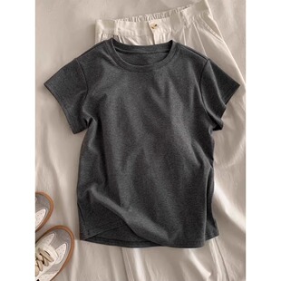 复古深灰色圆领正肩短袖 小衣衫 T恤女夏季 小个子修身 欧货新款 美式
