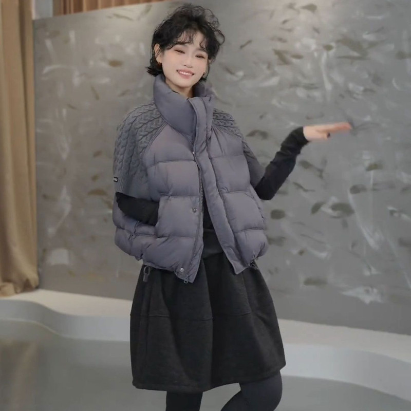 欧货秋冬设计感立领针织拼接宽松大码小个子短款棉服马夹外套女潮