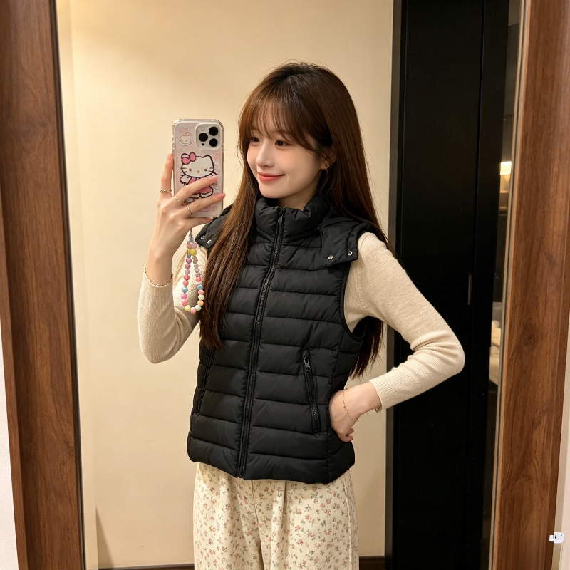 无袖排骨服棉衣马夹外套女秋冬设计感轻薄款连帽小个子修身显瘦潮