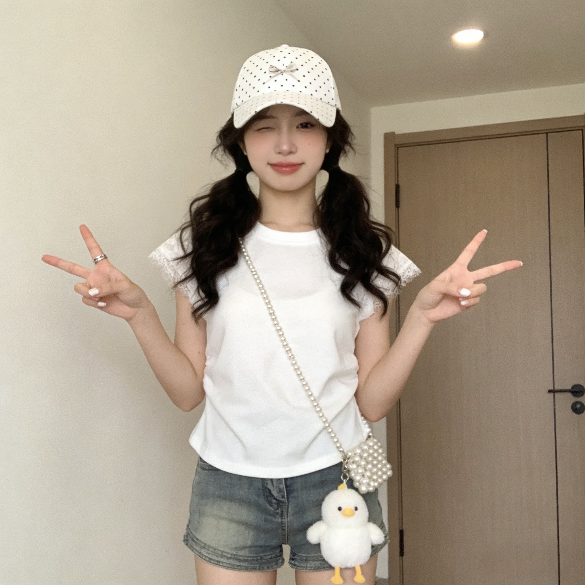 韩系ins纯欲风白色蕾丝小飞袖T恤女收腰褶皱显瘦百搭小个子短袖潮
