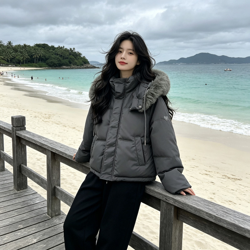 冬季大毛领连帽加厚保暖防寒宽松大码小个子气质棉服外套女面包服