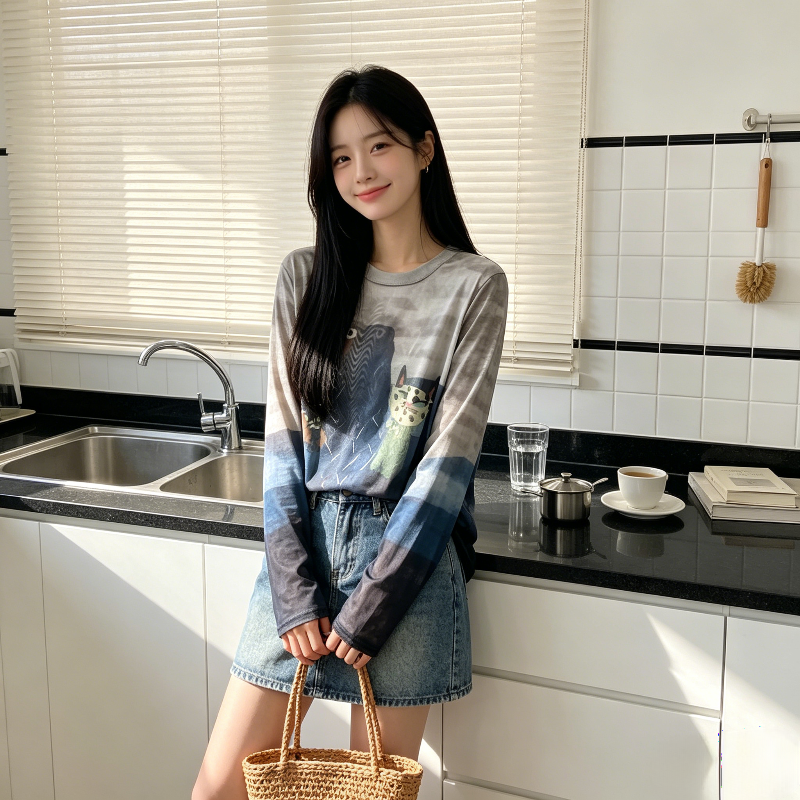 夏季薄款冰丝透气宽松大码扎染小个子慵懒风防晒长袖T恤女上衣潮