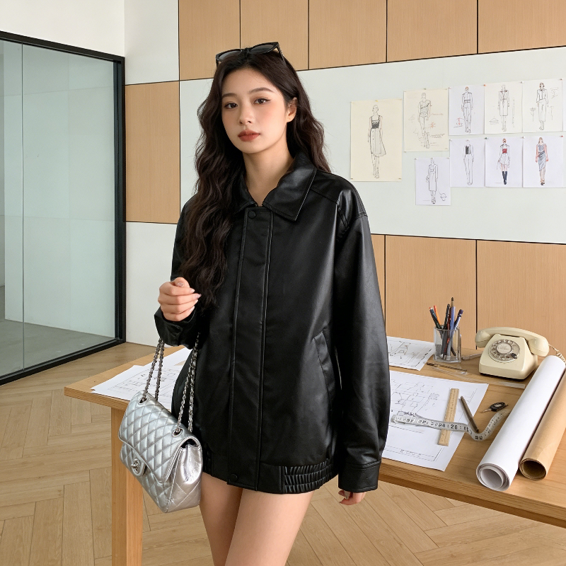 翻领免洗亮面设计感宽松大码小个子慵懒风皮衣外套女pu皮机车夹克