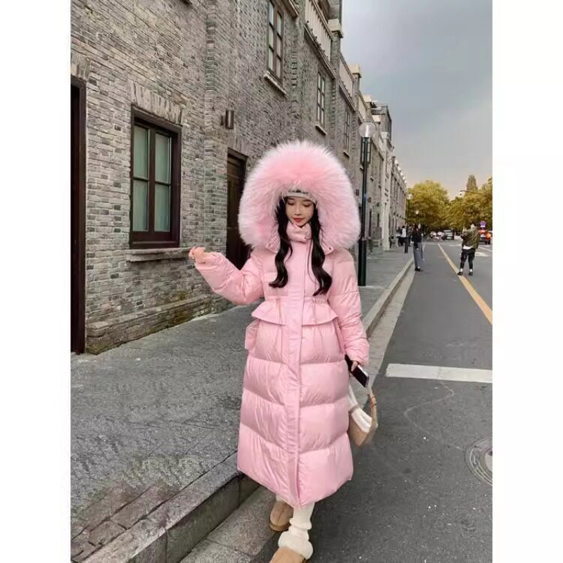 粉色减龄冬季毛领连帽加厚保暖防寒宽松大码中长款过膝棉服女大衣