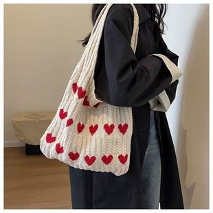 女编织针织毛线爱心单肩手提包大容量休闲托特包包高颜值 2025新款