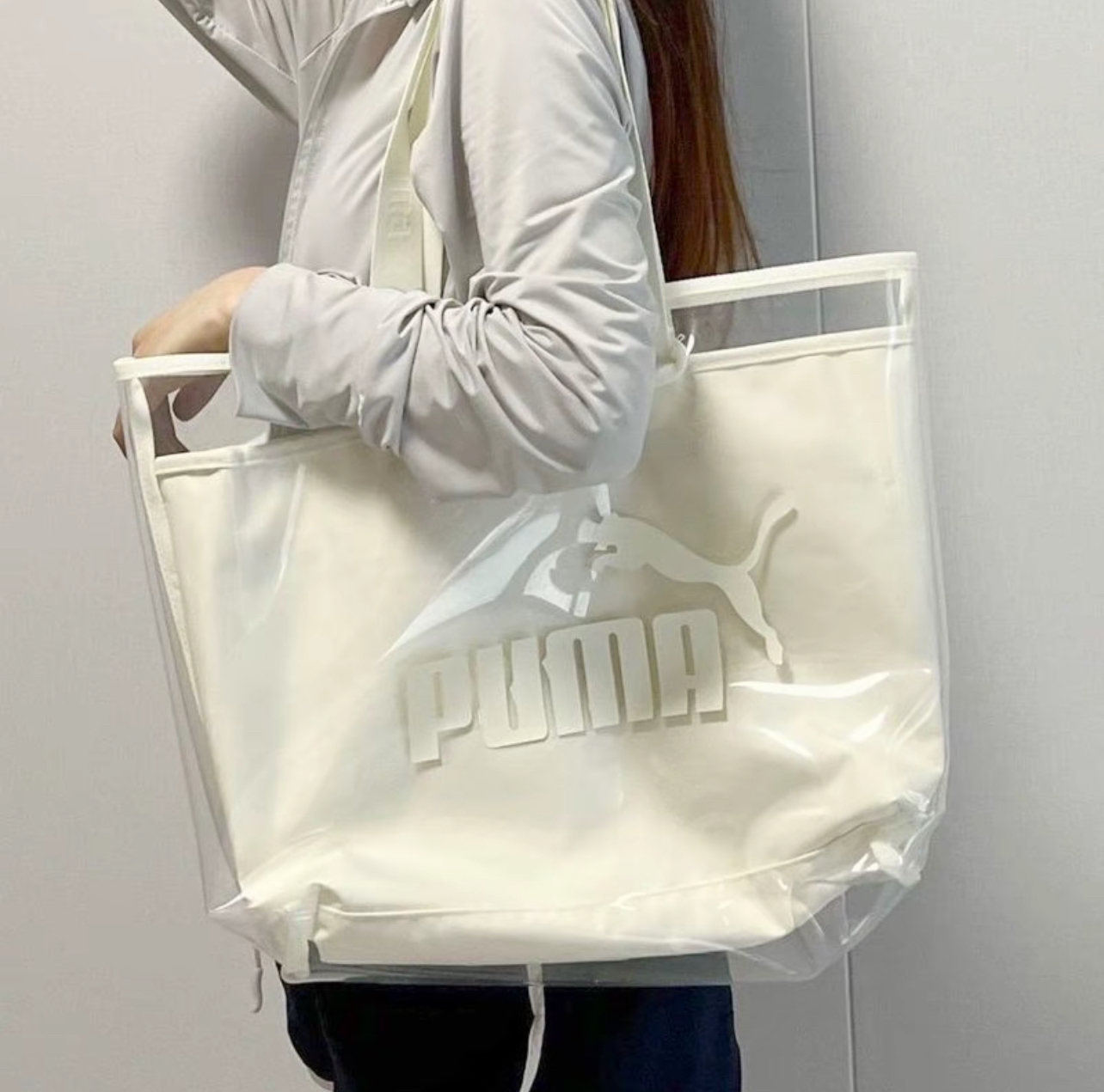 Puma 透明印花可拆卸大容量菜篮子托特包子母包单肩手提包 象牙白