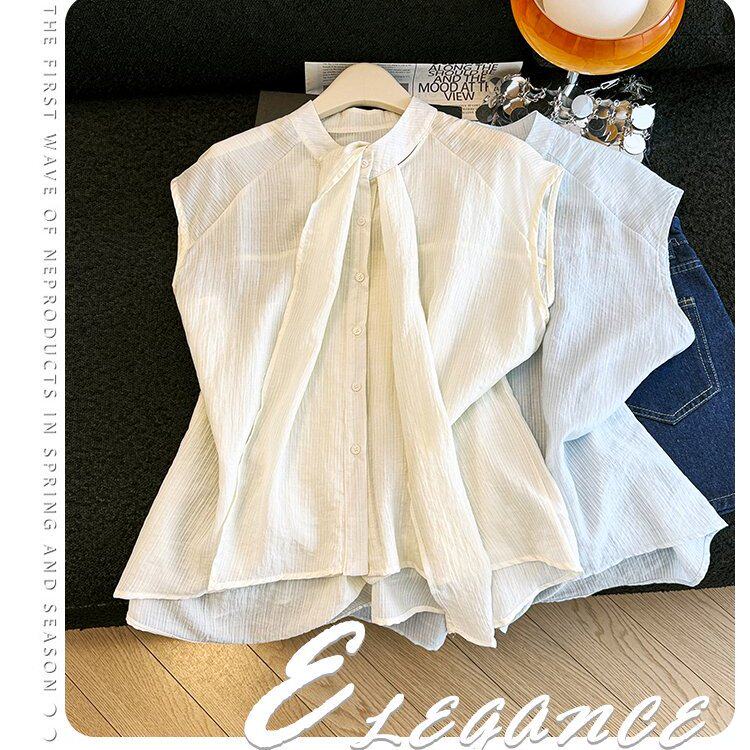 韩范气质飘带设计衬衫女装单排扣修身上衣小众条纹无袖背心衬衣夏