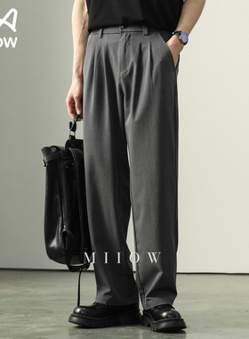 猫人高级感灰色立体双褶男士商务西裤通勤百搭老钱风直筒休闲裤子