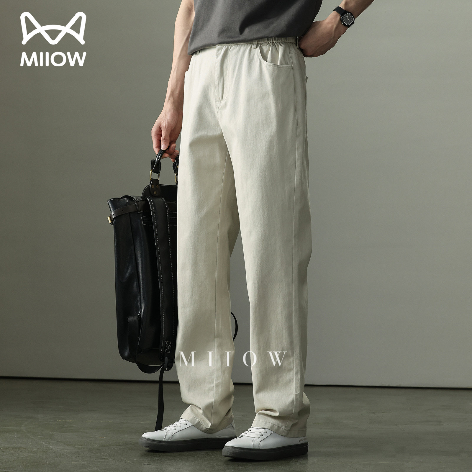 高端纯棉米白色休闲裤男通勤直筒