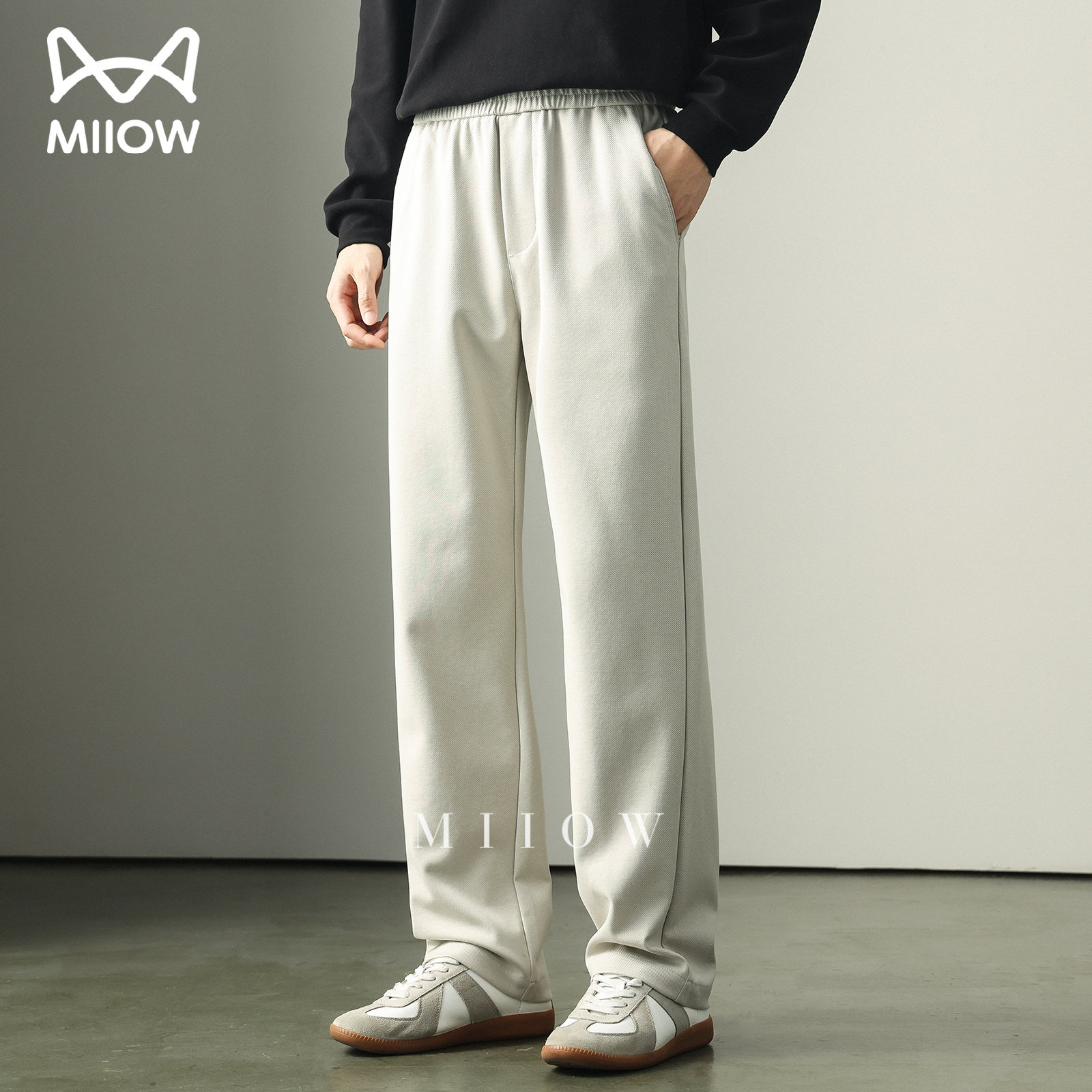 猫人高密斜纹针织棉直筒休闲裤