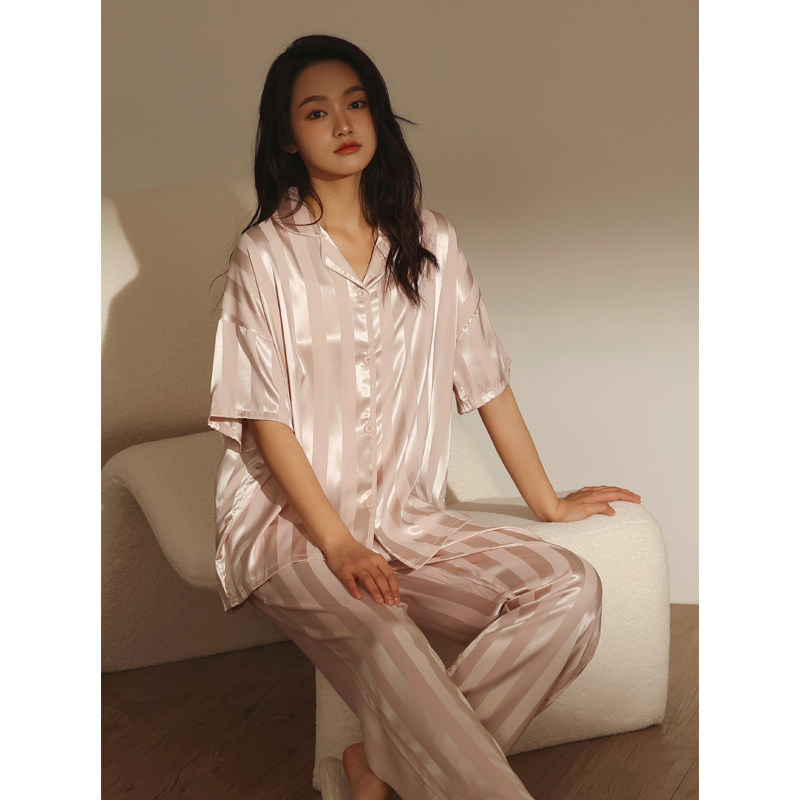 2025年新款冰丝绸缎睡衣女夏天短袖长裤薄款条纹高级感家居服套装