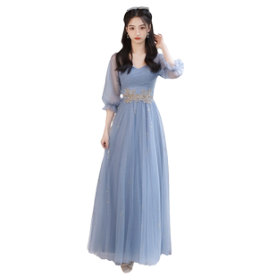 蓝色伴娘服夏季2026新款法式婚礼姐妹团仙气晚礼服高级宴会气质女
