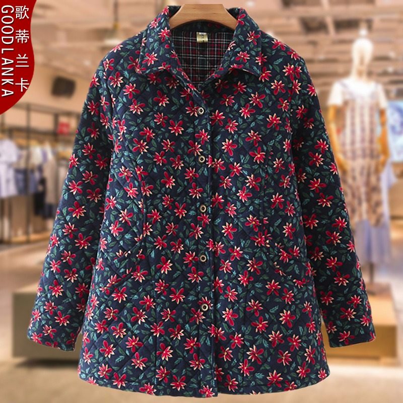 中老年妈妈夹棉碎花小棉袄加肥加大码宽松复古妈妈装秋冬棉服外套
