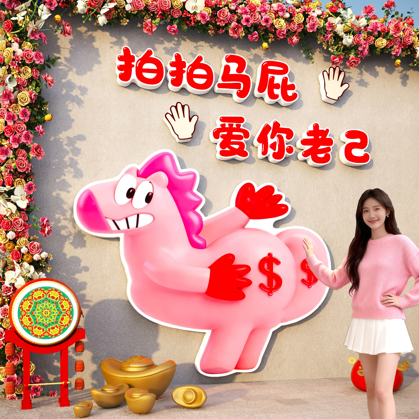 拍马屁网红打卡拍照区造场背景氛围布置户外小院2026新年春节装饰