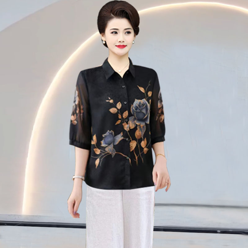 夏季真丝衬衫女印花桑蚕丝套装女