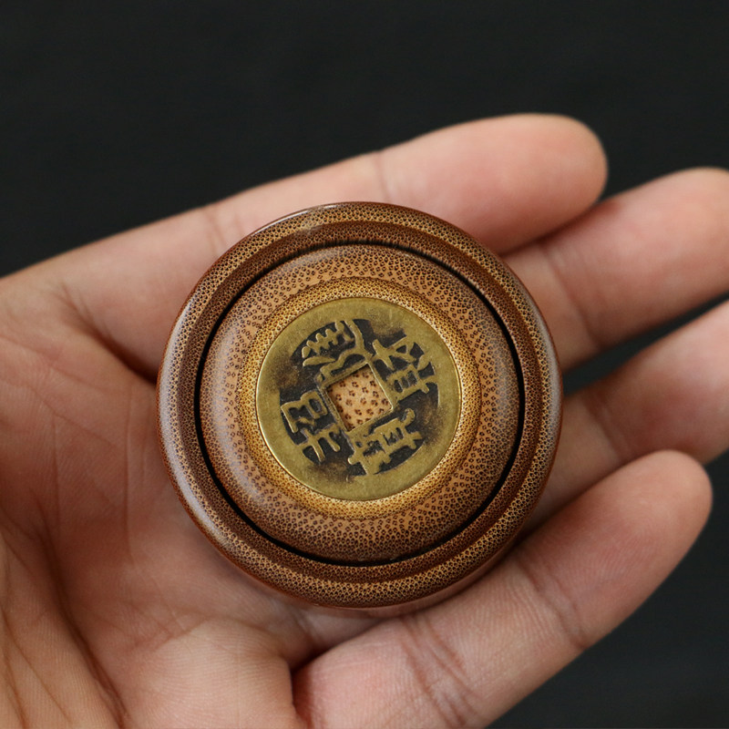 精品纯手工制作天然老玉竹古铜钱币"转钱"手把件竹雕赚钱竹把玩