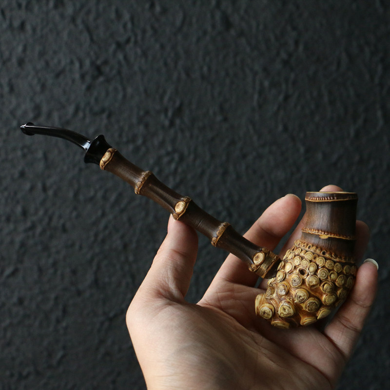 精品纯手工制作天然满钉老紫竹根可拆卸烟斗竹雕竹制烟袋锅粗烟具