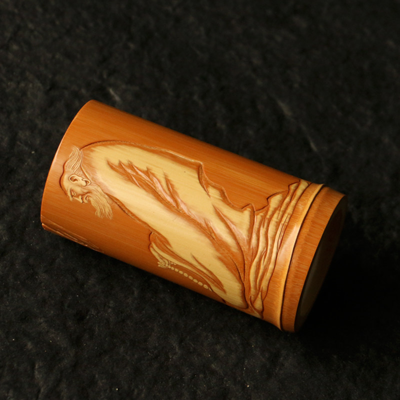 一物一拍精品名家戚挺飞纯手工留青浅浮雕达摩图小笔筒竹雕小竹筒