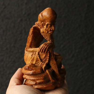 纯手工一体雕刻瘦骨罗汉手把件