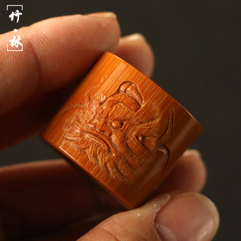 手雕钟馗玉竹扳指手把件竹雕文玩戒指把玩复古男士竹指环手工雕刻