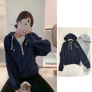 明星同款国内现货正品RECTO刺绣logo半拉链连帽休闲运动卫衣