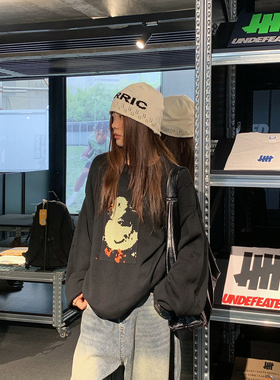 4422休闲毛衣秋冬新款韩版百搭宽松套头针织衫卡通小鸭子印花上衣