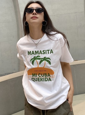 4422新款白色欧美复古度假男女椰树印花纯棉宽松圆领百搭T恤短袖