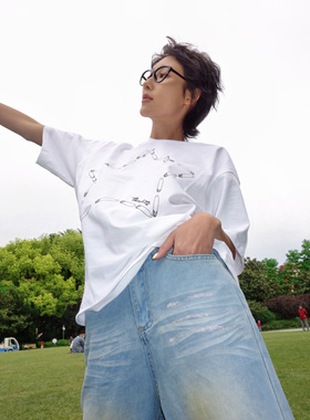 4422 宽松设计感短袖t恤女2024夏季回形针印花小众慵懒风上衣