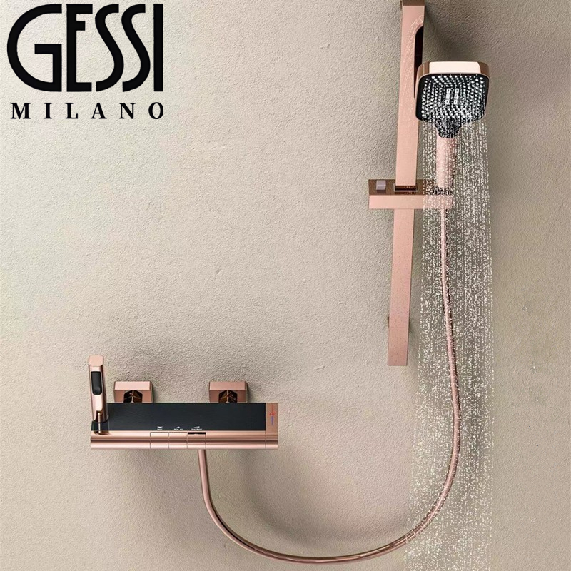 （10年质保）捷仕全铜简易淋浴花洒浴缸龙头拉丝玫瑰金恒温数显