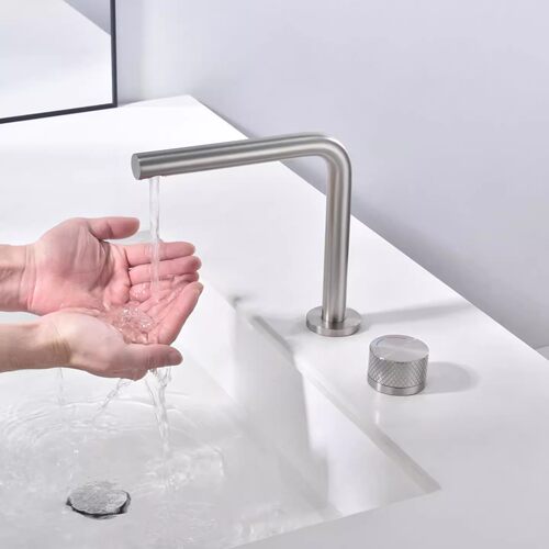 全铜分体双孔水龙头冷热面盆台上盆浴室柜岛台拉丝镍可旋转极简