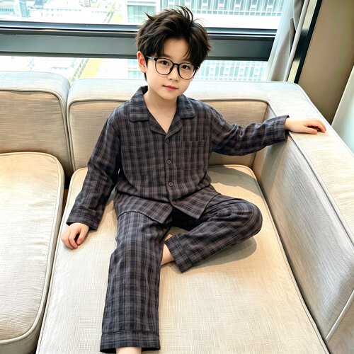 男童纯棉格子秋冬开衫家居服套装