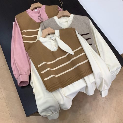 秋季新款两件套女条纹设计时尚外搭+纯色休闲长袖上衣J#26