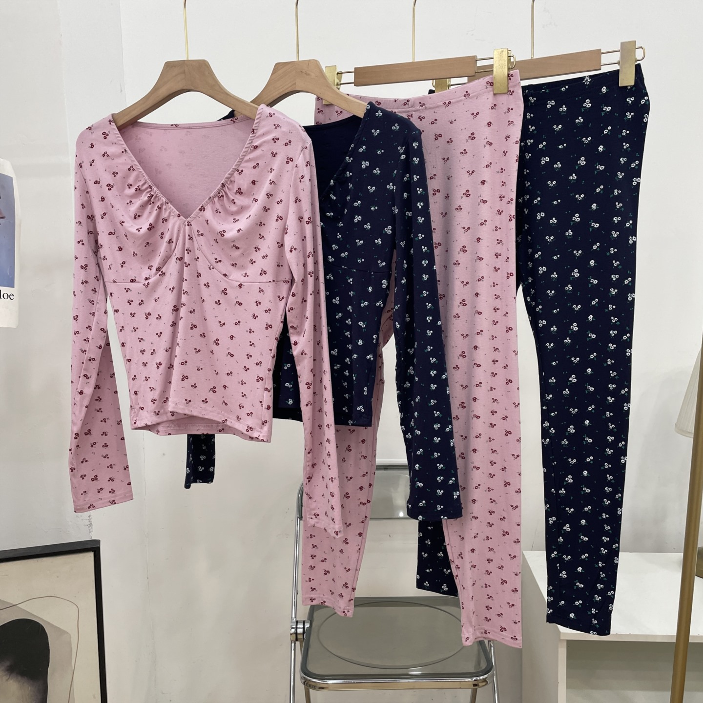 两件套V领碎花长袖衬衫上衣下装修身松紧腰休闲裤H#15